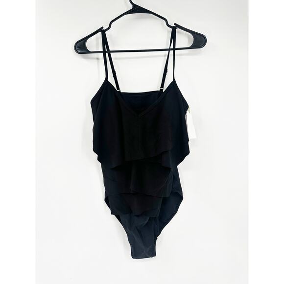 Beyond Control Black Ruffle Geometric Overlay One Piece 12 NEW - Picture 2 of 6